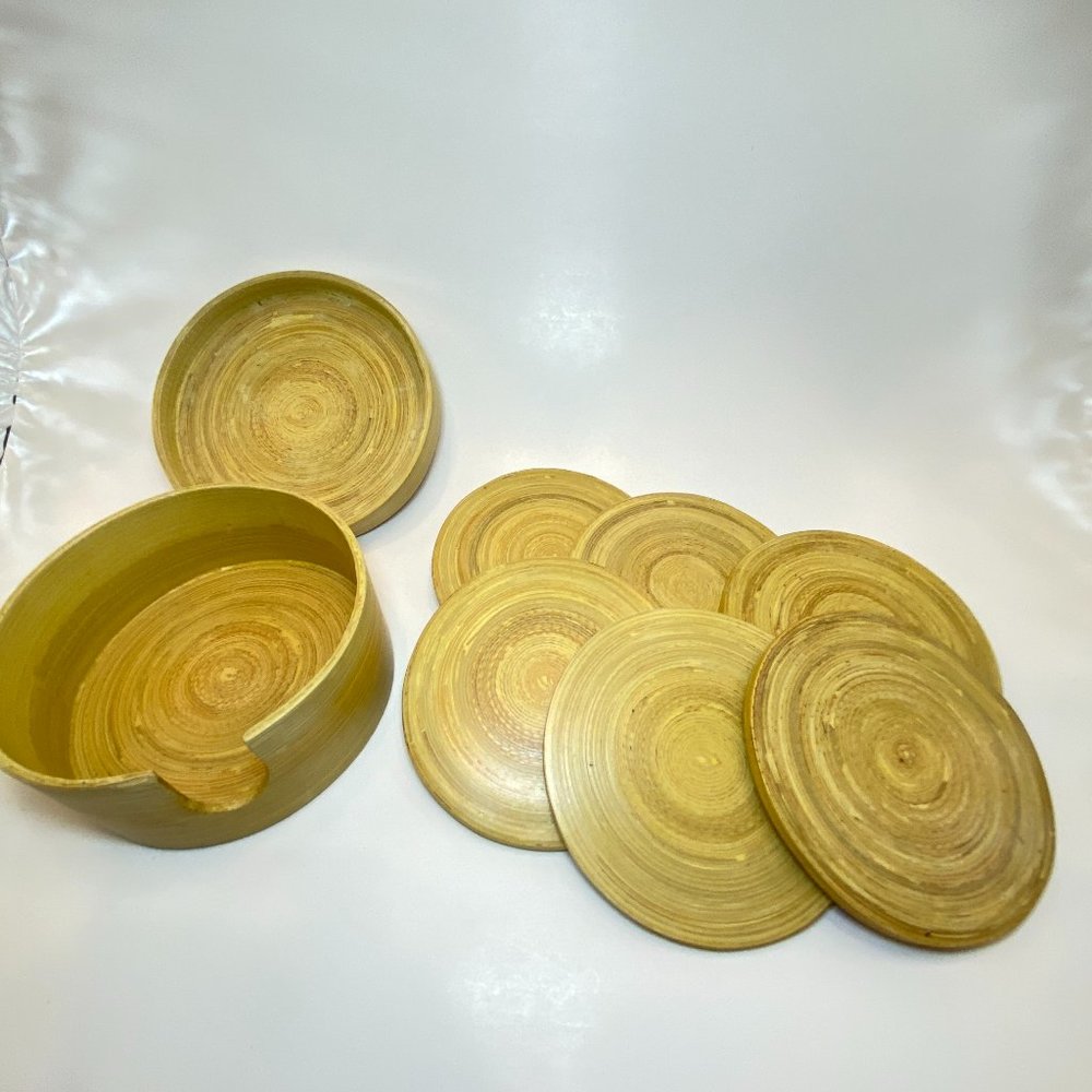 Set of 6 Round Spun Bamboo Coasters with Holder